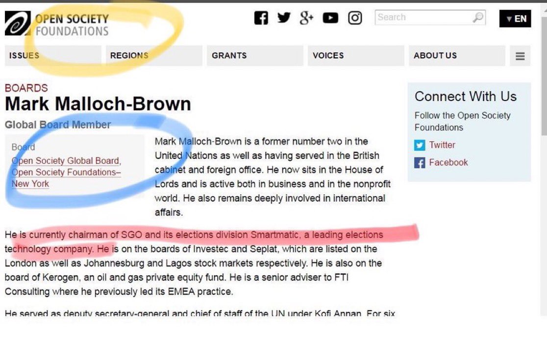 Screenshot posted by @pepesgrandma of the Open Society Foundations board page for Mark Malloch-Brown, listing him as Global Board Member and chairman of SGO and its elections division Smartmatic